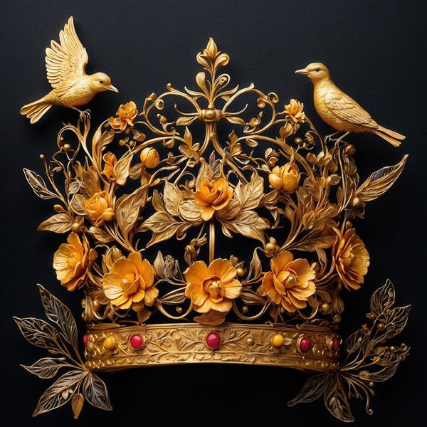 تصویر تاج طلایی سلطنتی با پرندگان و گل‌های زرد برای چاپ روی ماگ و کوسن