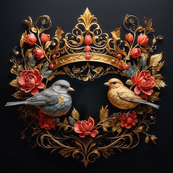 طرح تاج طلایی با پرندگان خاکستری و گل‌های رز قرمز برای پوستر دیواری
