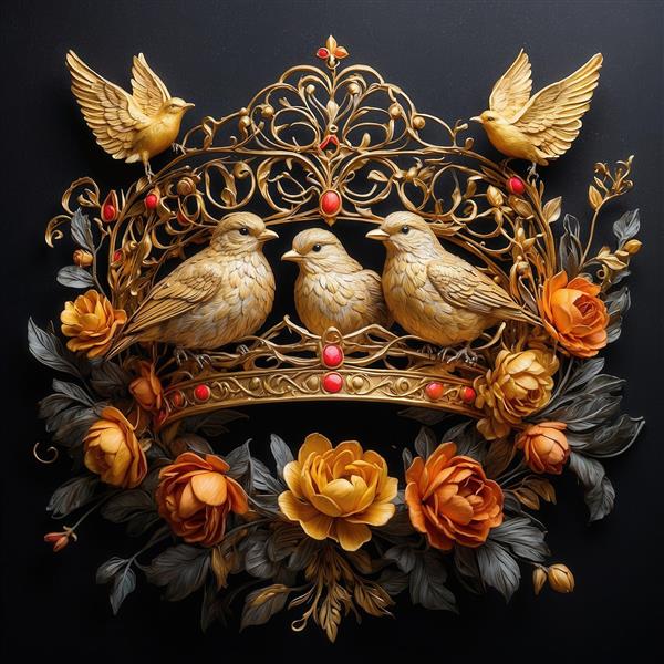 عکس تاج طلایی بزرگ با سه پرنده و گل‌های نارنجی برای چاپ عریض