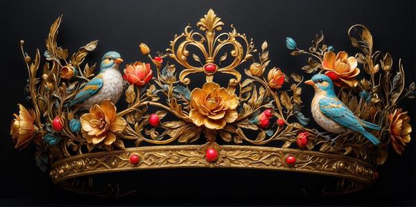 تصویر تاج طلایی فانتزی با پرندگان آبی و گل‌های نارنجی برای تابلو