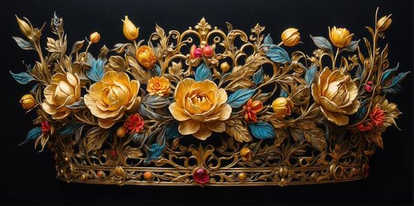 طرح تاج طلایی دکوراتیو با گل‌های رز زرد و برگ‌های فیروزه‌ای برای چاپ