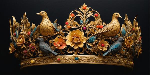 عکس تاج طلایی سلطنتی با پرندگان و گل‌ها برای پوستر دیواری مشکی