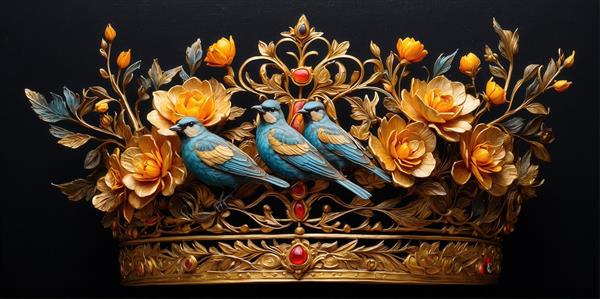 تصویر تاج طلایی باکیفیت با پرندگان و گل‌های زرد برای چاپ عریض دکوراتیو