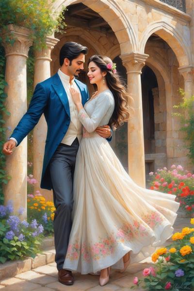 طرح رقص زوج عاشقانه با لباس مجلسی سفید در باغ اروپایی برای تابلو
