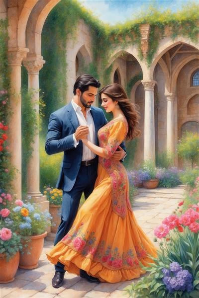 عکس رقص عاشقانه زوج با لباس نارنجی و آبی در باغ قدیمی برای دکور منزل