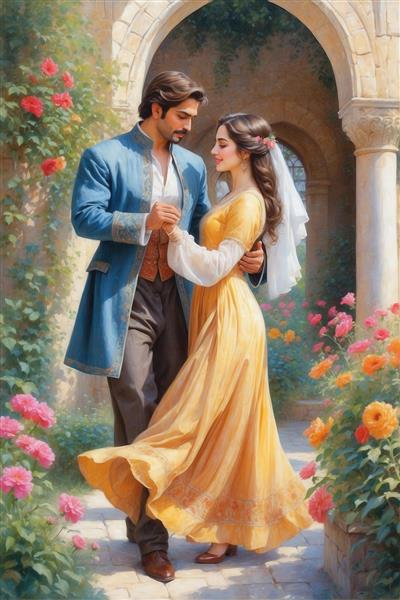 تصویر رقص زوج کلاسیک با لباس زرد در باغ باکیفیت برای پرده و چاپ