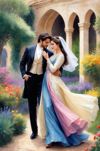 طرح قدم زدن زوج عاشق با لباس چندرنگ در باغ برای تابلو دیواری رمانتیک