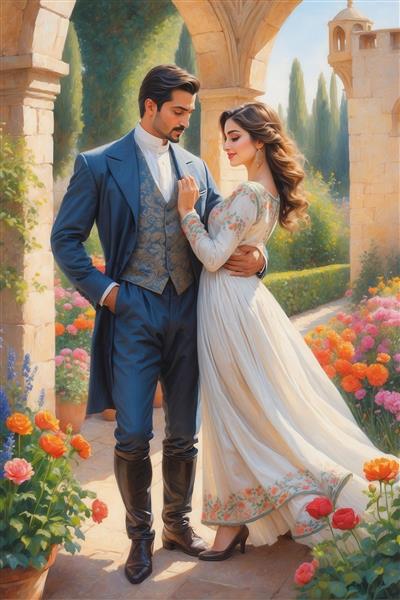تصویر قدم زدن زوج کلاسیک در باغ ایتالیایی برای تابلو دیواری رمانتیک