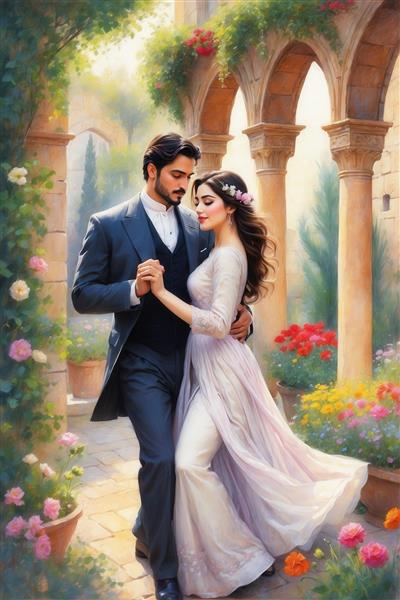 طرح رقص زوج عاشقانه در باغ با لباس مجلسی صورتی برای تابلو دیواری