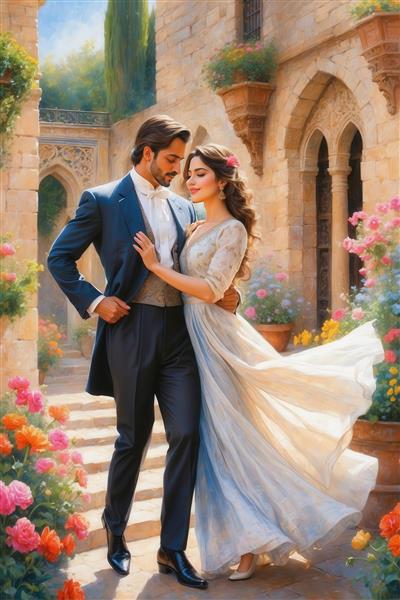 عکس قدم زدن زوج کلاسیک با لباس سفید در باغ پله‌دار برای پوستر