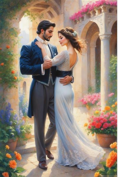 تصویر رقص عاشقانه زوج در فضای باغ با لباس آبی روشن برای دکور منزل