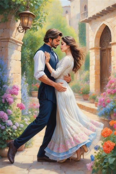 طرح نقاشی رقص زوج عاشقانه در باغ اروپایی با لباس سفید مجلسی