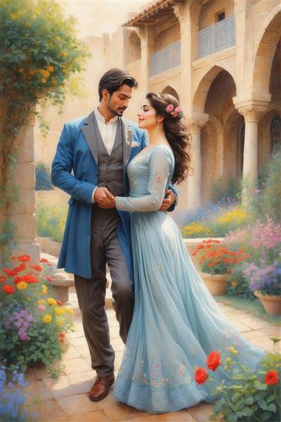 عکس قدم زدن زوج کلاسیک با لباس آبی روشن در باغ گل برای تابلو
