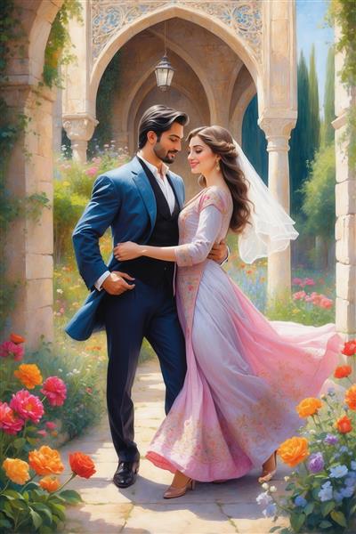 تصویر زوج عاشق با لباس سنتی صورتی و آبی برای چاپ روی پرده و کوسن