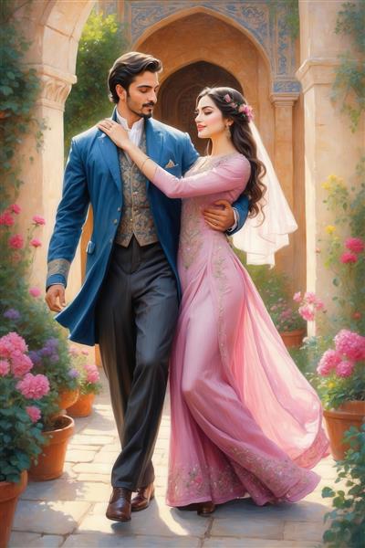 طرح قدم زدن زوج عاشق با لباس صورتی بلند در فضای باغ قدیمی