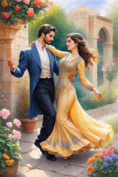 تصویر رقص زوج کلاسیک با لباس زرد طلایی در باغ اروپایی برای چاپ