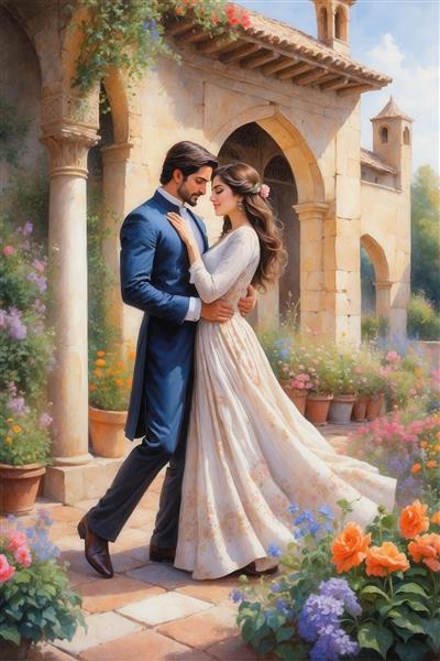 طرح نقاشی عاشقانه رقص زوج کلاسیک در باغ برای پوستر دیواری باکیفیت
