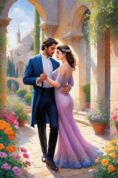تصویر نقاشی رمانتیک رقص زوج در باغ با لباس مجلسی بنفش برای دکور