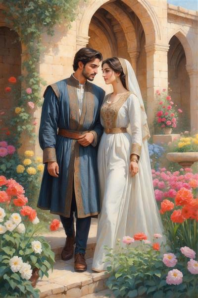 عکس قدم زدن عاشقانه زوج ایرانی در باغ قدیمی برای تابلو رمانتیک