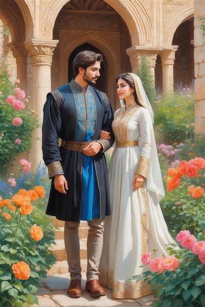 تصویر زوج ایرانی با لباس سنتی سرمه‌ای برای پوستر باکیفیت و چاپ عریض