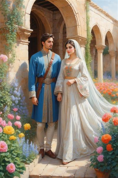 طرح زوج ایرانی در لباس سنتی آبی روشن برای تابلو دیواری و پرده منزل