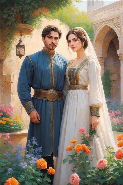 عکس زوج ایرانی سنتی با لباس سفید و آبی برای چاپ روی روتختی و کوسن