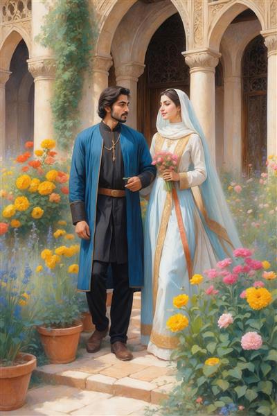 تصویر زوج ایرانی با لباس سنتی آبی تیره در باغ گل برای تابلو دکوراتیو