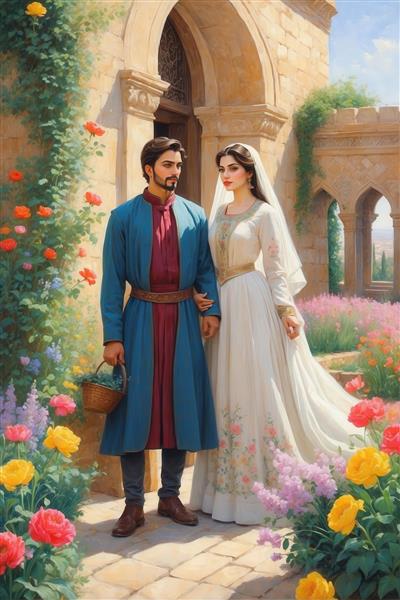 طرح نقاشی زوج ایرانی با لباس سنتی در باغ پرگل برای چاپ عریض