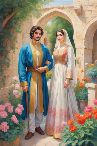 عکس زوج ایرانی با لباس سنتی آبی و سفید برای پوستر باکیفیت دکوراتیو