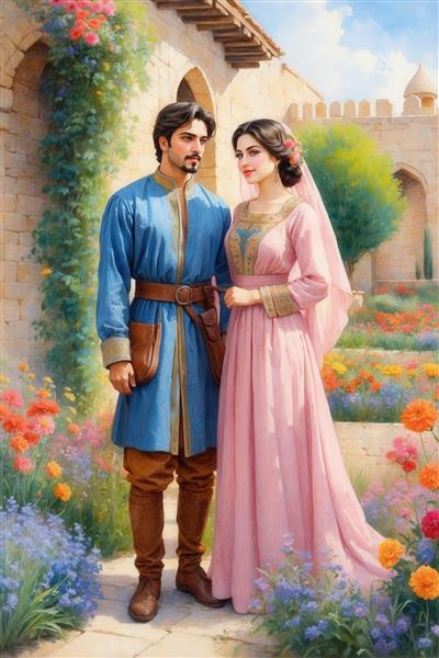 تصویر نقاشی آبرنگی زوج ایرانی در باغ با لباس سنتی برای تابلو دیواری