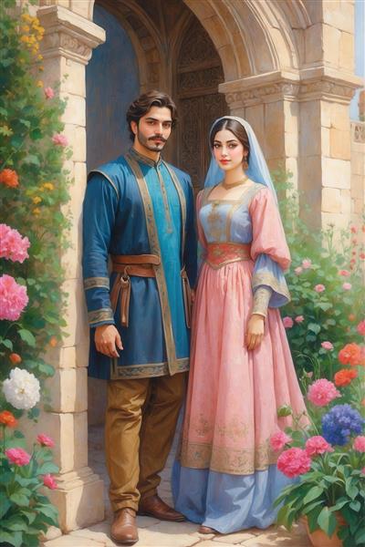 تصویر زوج ایرانی با لباس سنتی صورتی و آبی برای چاپ روی کوسن و روتختی