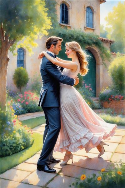 عکس رقص زوج عاشقانه در فضای باغ با نور ملایم برای تابلو دکوراتیو