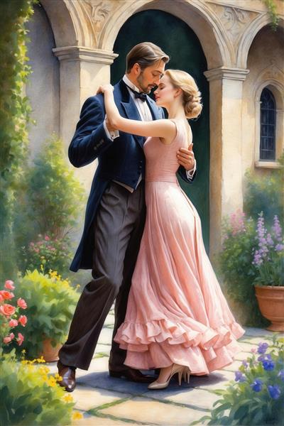 تصویر زوج کلاسیک عاشقانه در حال رقص با لباس صورتی برای دکوراسیون منزل