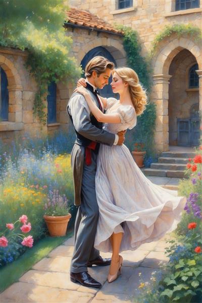عکس نقاشی رمانتیک رقص زوج کلاسیک در باغ تاریخی برای پرده و چاپ
