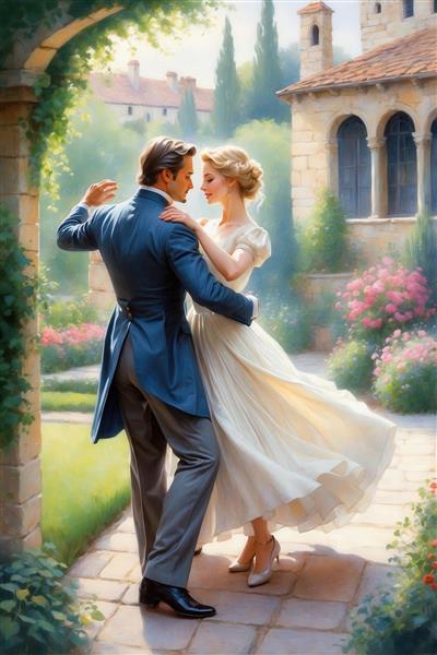 طرح نقاشی آبرنگی رقص عاشقانه زوج کلاسیک برای تابلو دیواری باکیفیت