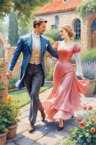 تصویر زوج عاشق در حال قدم زدن با لباس‌های کلاسیک رمانتیک برای پوستر