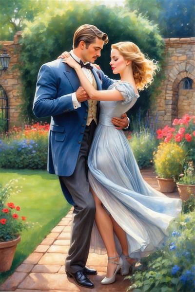 عکس رقص زوج عاشقانه در باغ با لباس کلاسیک آبی برای تابلو دکوراتیو