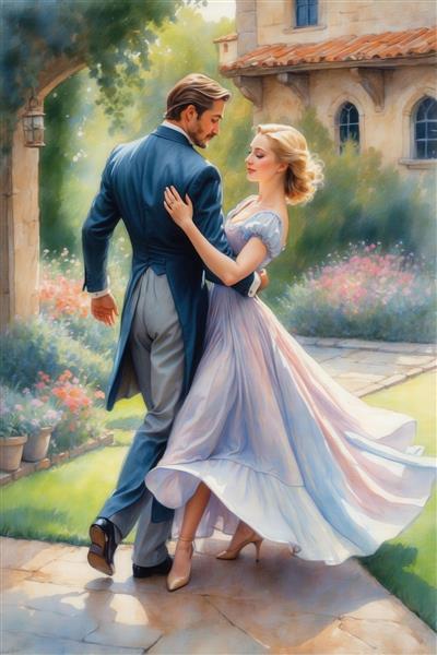 تصویر رقص زوج با لباس آبی نفتی در باغ ویلا برای پوستر باکیفیت