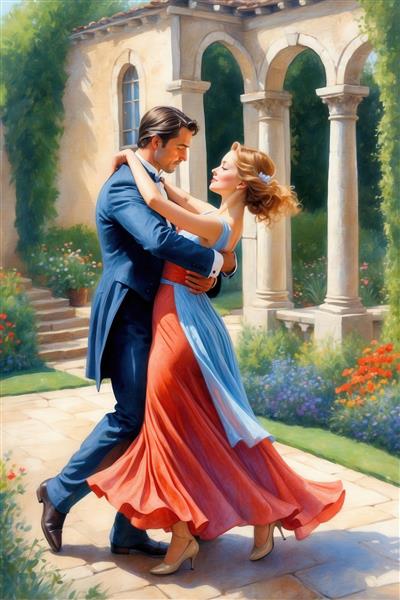 طرح رقص عاشقانه زوج با لباس آبی و نارنجی در باغ برای چاپ عریض