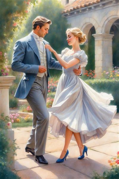 عکس رقص زوج با لباس آبی روشن در باغ مجلل برای تابلو دکوراتیو