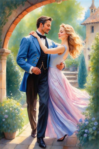 تصویر رقص زوج کلاسیک با لباس آبی و صورتی در باغ رمانتیک