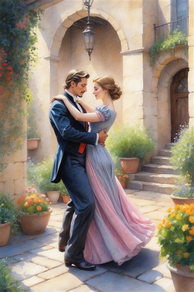 طرح رقص زوج رمانتیک با لباس‌های آبی و صورتی در فضای باغ