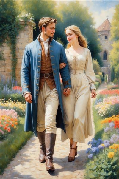 عکس پیاده‌روی عاشقانه زوج با لباس‌های سنتی در باغ قدیمی برای پوستر