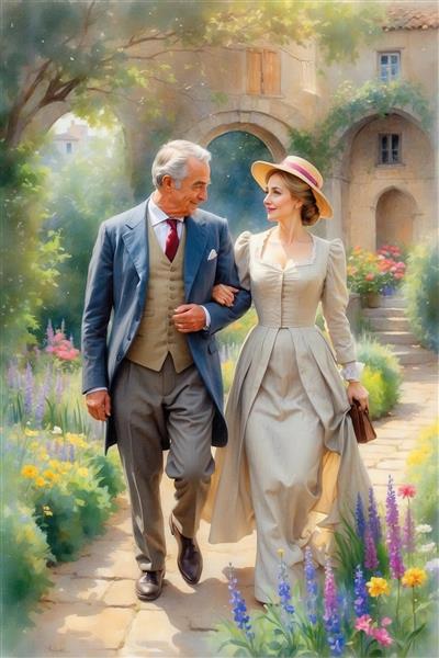 تصویر قدم زدن زوج باوقار با لباس تاریخی در باغ باکیفیت برای چاپ