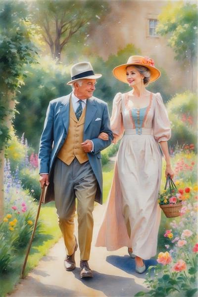عکس قدم زدن زوج مسن با لباس‌های کلاسیک در باغ گل برای تابلو