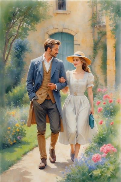 تصویر قدم زدن زن و مرد با لباس‌های تاریخی در باغ برای پوستر شیک