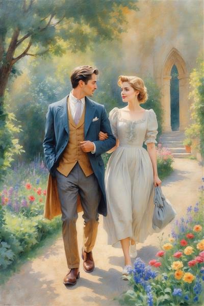 طرح قدم زدن زوج کلاسیک با لباس‌های سنتی در طبیعت برای تابلو