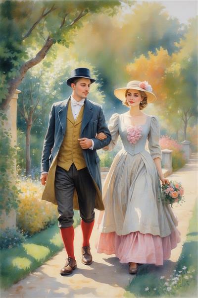 عکس پیاده‌روی زوج با لباس تاریخی در باغ گل برای پوستر رمانتیک