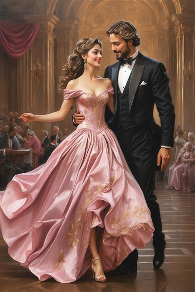 طرح رقص مجلل زوج کلاسیک با لباس صورتی در سالن برای چاپ