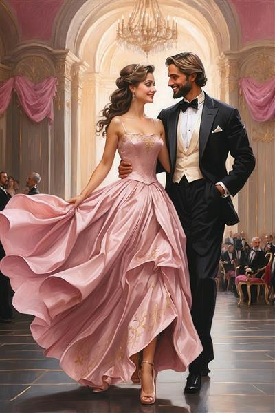 عکس زوج با وقار در حال رقص والس با لباس‌های شیک برای تابلو